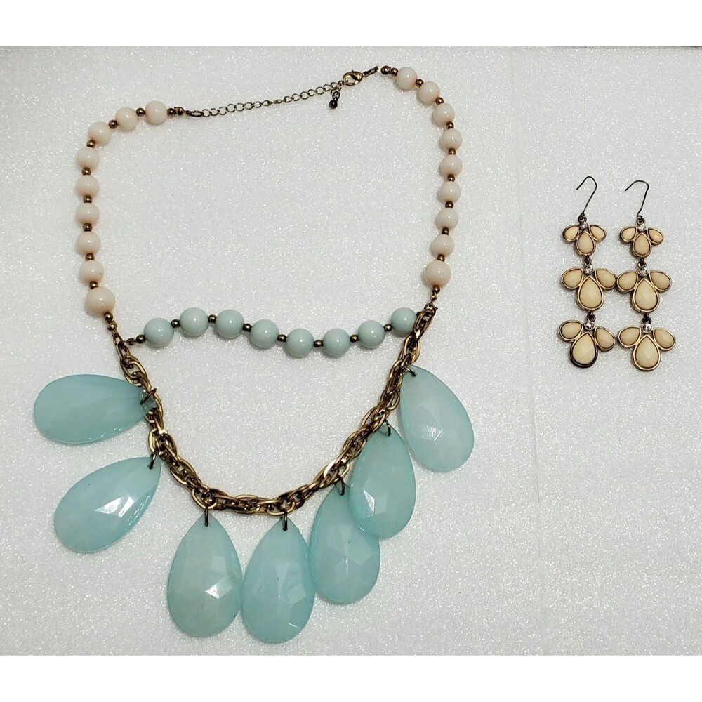 Statement Necklace & Earrings Set – Aqua Blue Teardrop Beads, Cream Floral...